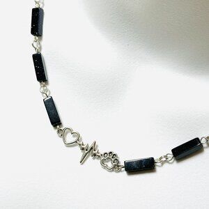 Dark Blue Goldstone Short Necklace w/ Silver Paw Print Heart Beat Charm